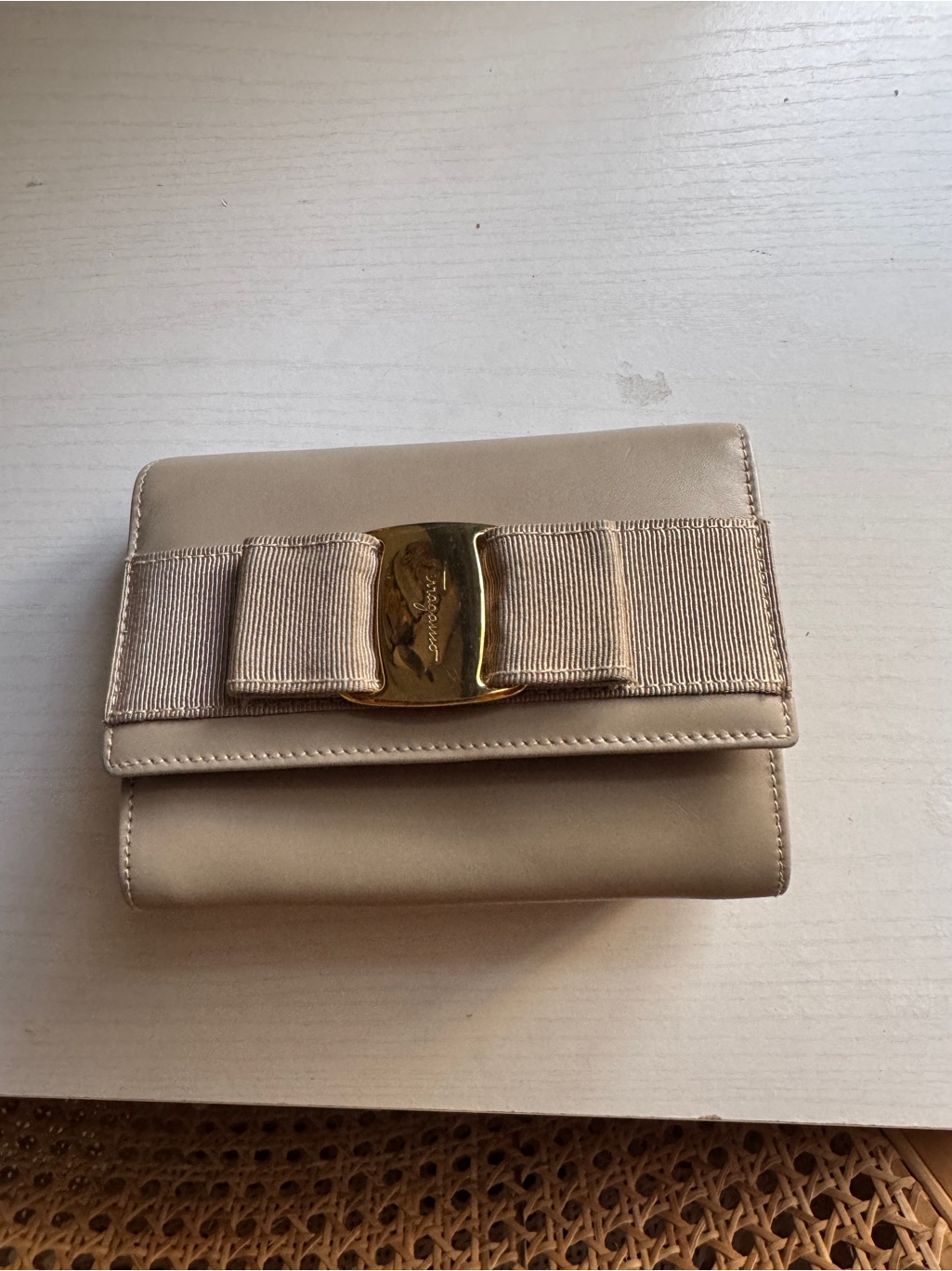 Salvatore Ferragamo Neutral Beige Vara Bow Leather Wallet